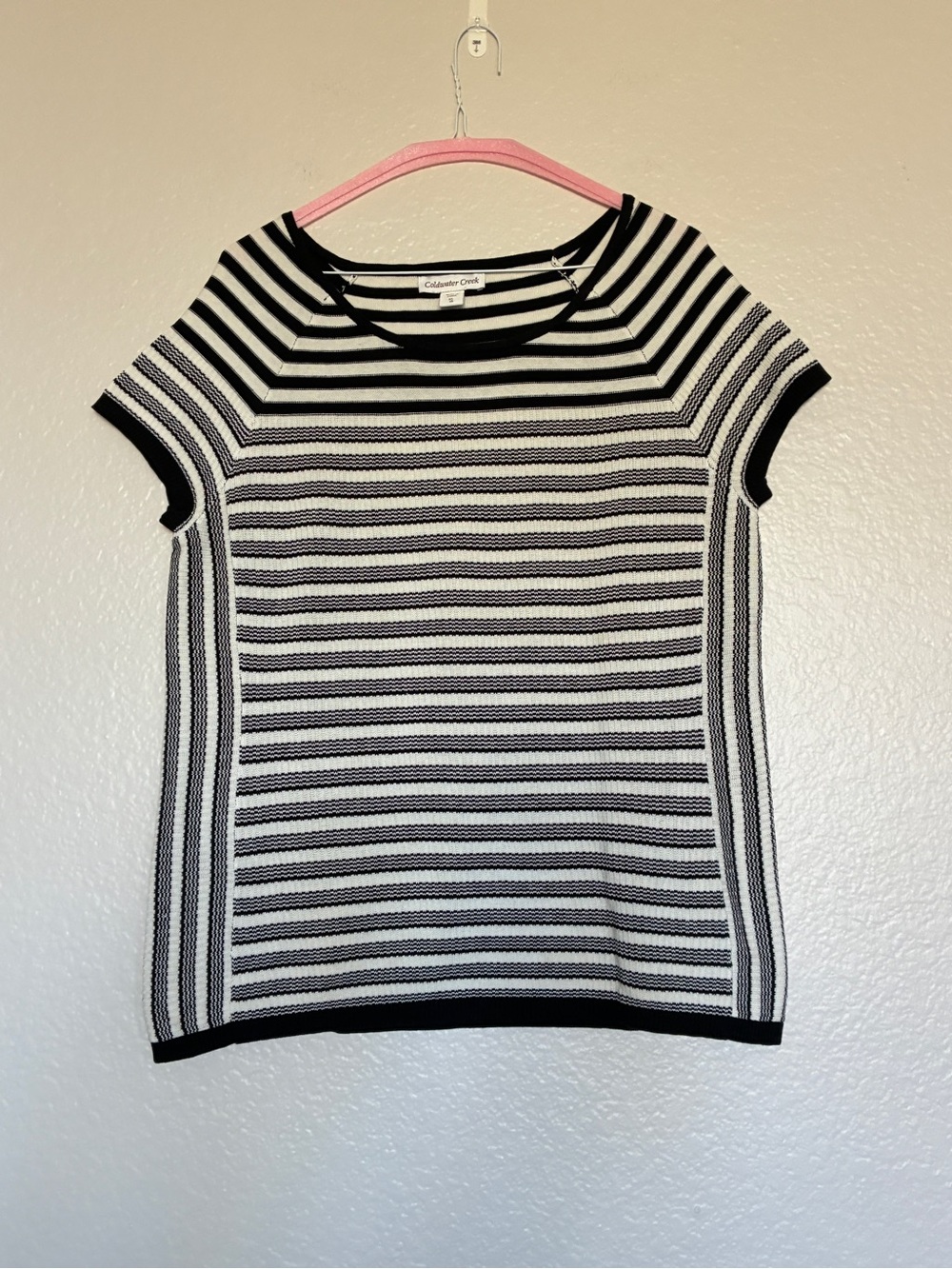 Coldwater Creek Black Cream Striped Silk Cotton Knit Top Size XL 16 Timeless